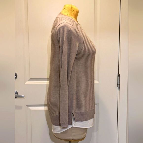 Hilary Radley L Tan Rib Knit Cotton Blend Faux Dress Shirt Bottom Sweater - Picture 5 of 8